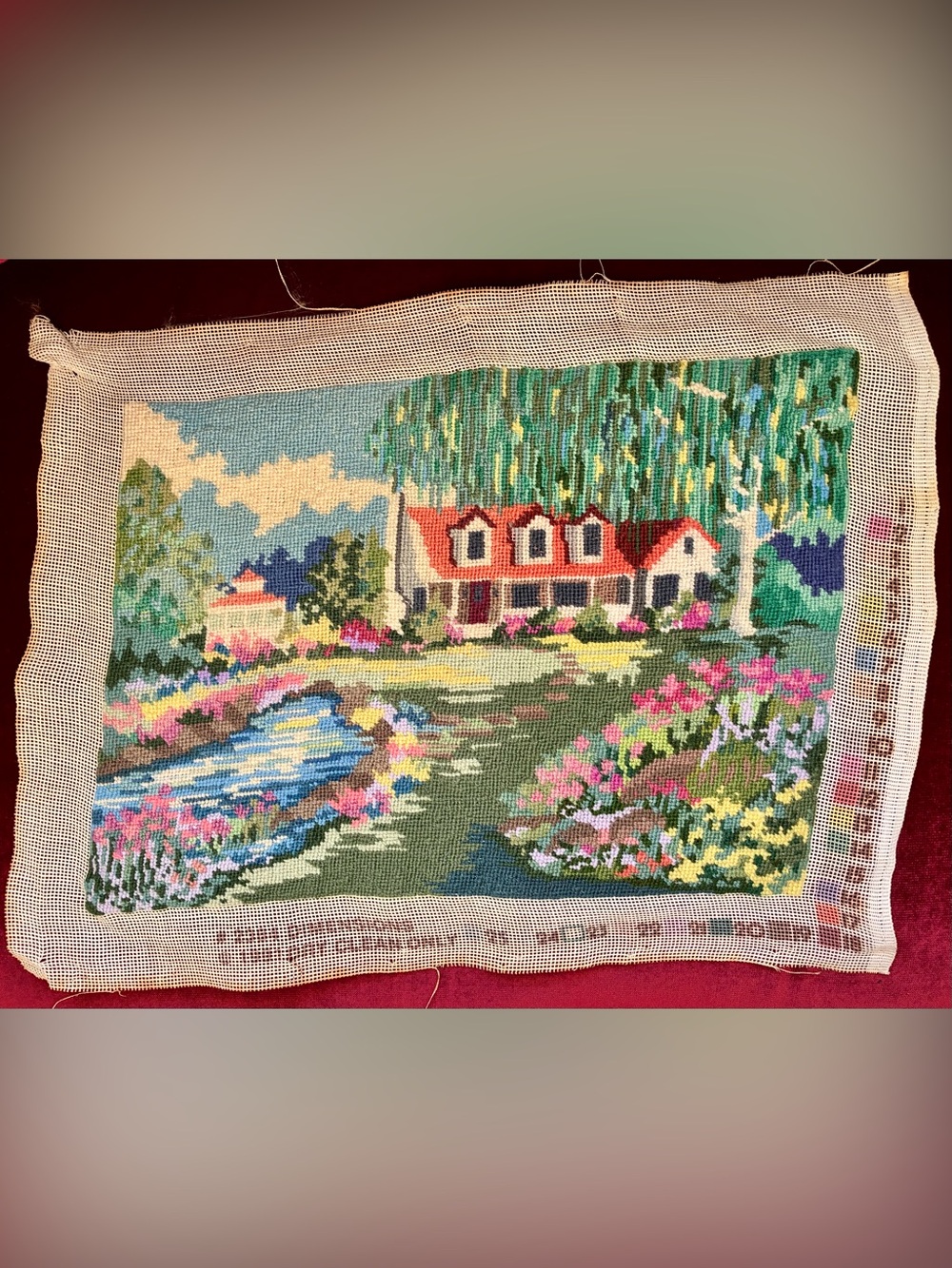 Handcrafted Completed Floral Cottage Needlepoint Multicolor